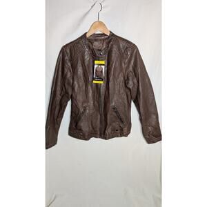 Sebby Collection Women’s Faux Leather Moto Biker Jacket Sz M Whiskey Brown Soft